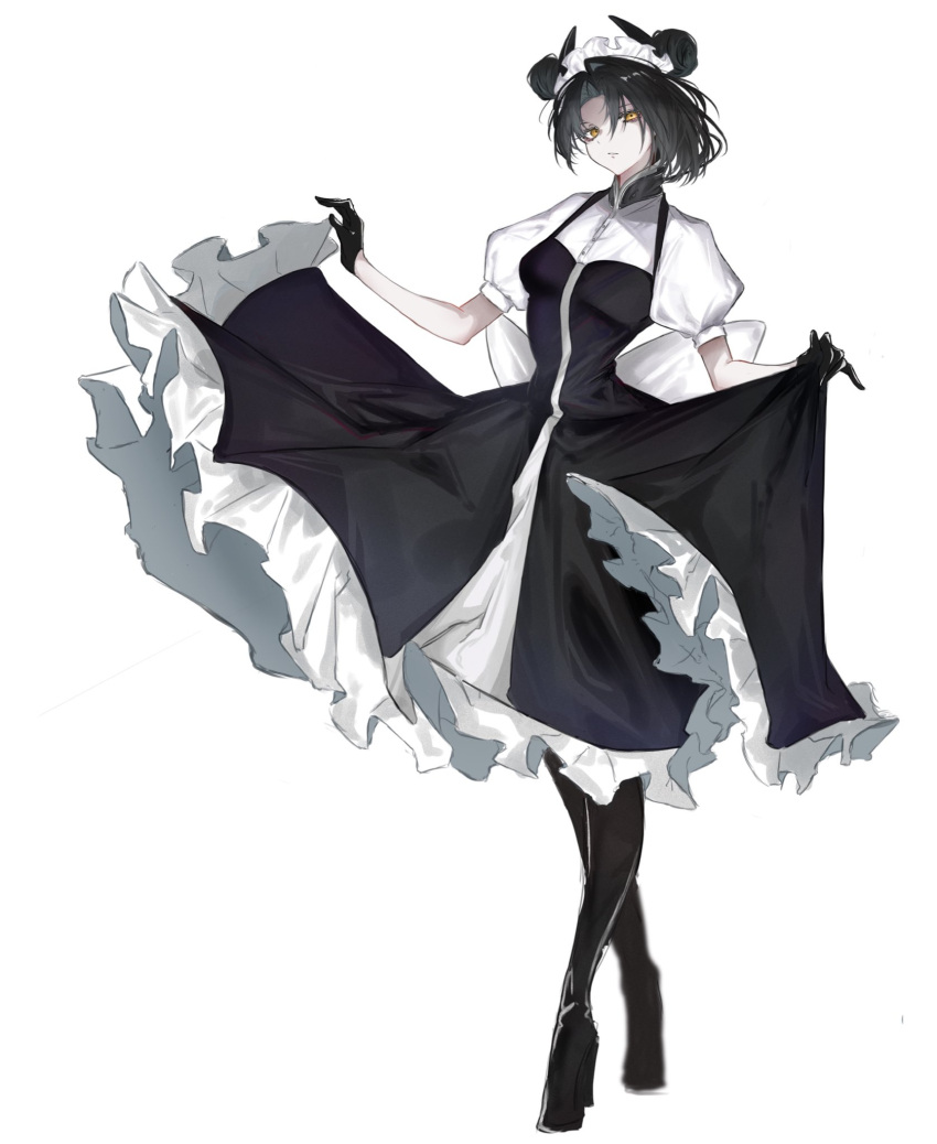 1girl agent_(girls'_frontline) asymmetrical_hair black_gloves black_hair boots clothes_lift double_bun dress dress_lift full_body girls'_frontline gloves hair_bun high_heel_boots high_heels highres looking_at_viewer maid maid_headdress medium_hair n86289074 solo white_background yellow_eyes