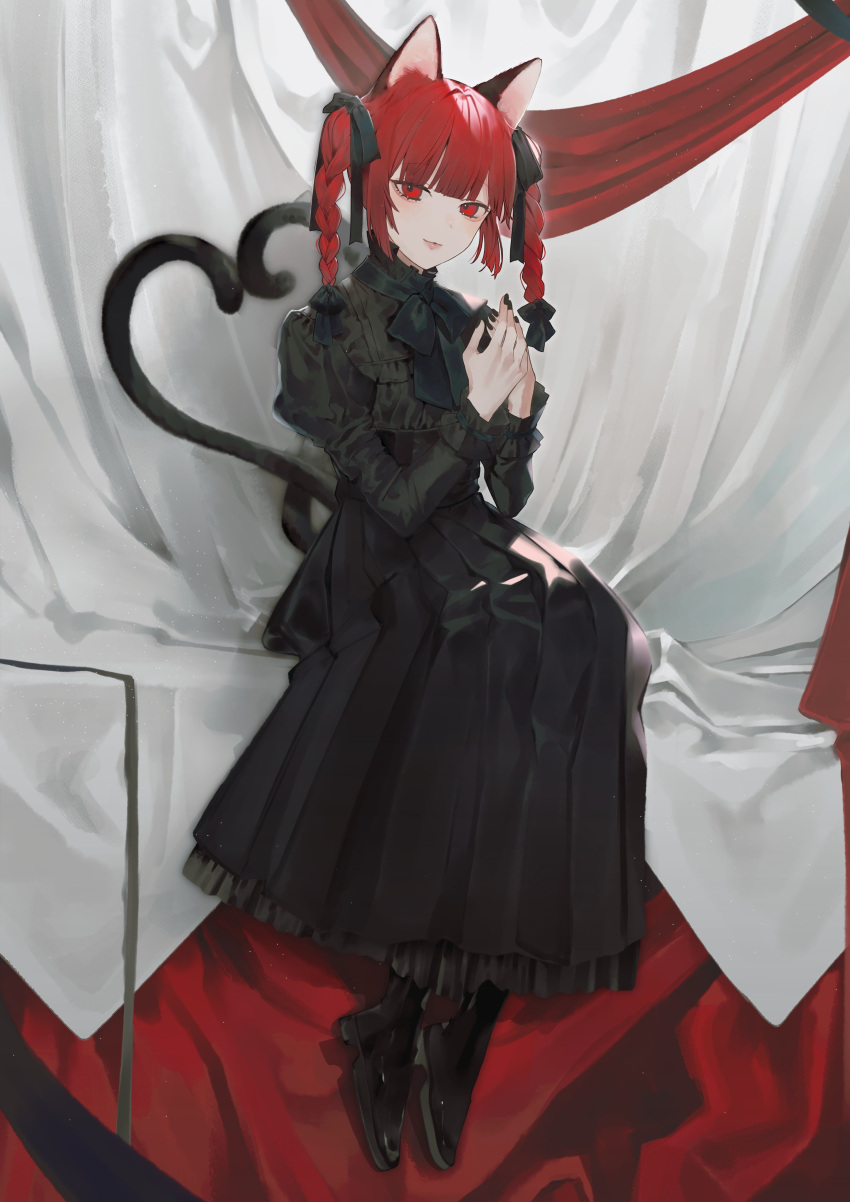 1girl absurdres animal_ears black_dress black_footwear black_nails black_ribbon braid cat_ears cat_tail daimaou_ruaeru dress hair_ribbon highres kaenbyou_rin long_sleeves looking_at_viewer multiple_tails red_eyes red_hair ribbon sitting solo tail touhou twin_braids two_tails