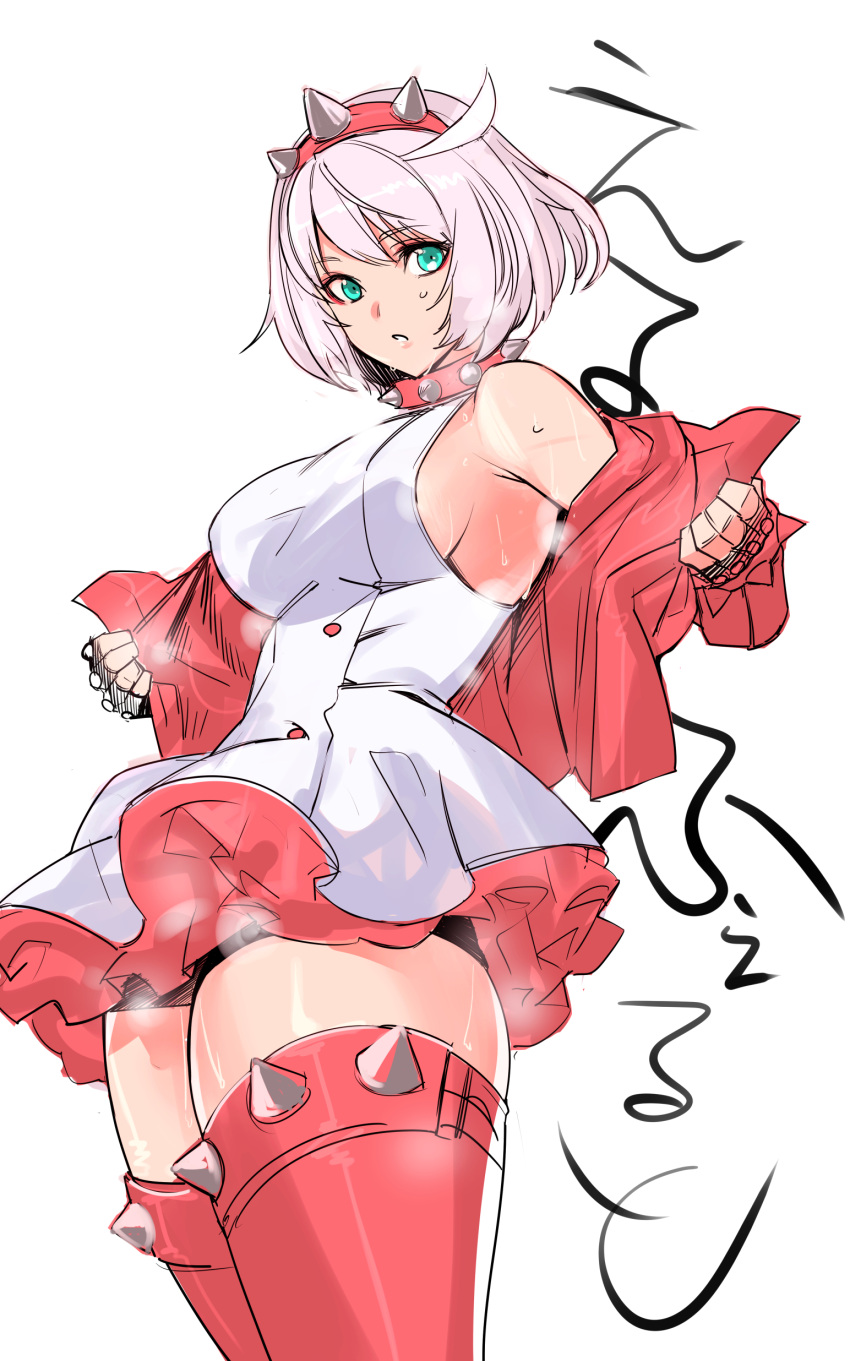 1girl absurdres ahoge bike_shorts bike_shorts_under_skirt black_shorts blue_eyes breasts collar elphelt_valentine gloves guilty_gear guilty_gear_strive hairband highres jacket jewelry large_breasts leather leather_jacket looking_at_viewer open_mouth pink_jacket short_hair shorts shorts_under_skirt solo spiked_collar spiked_hairband spikes tetsu_(kimuchi) thick_thighs thighhighs thighs white_hair