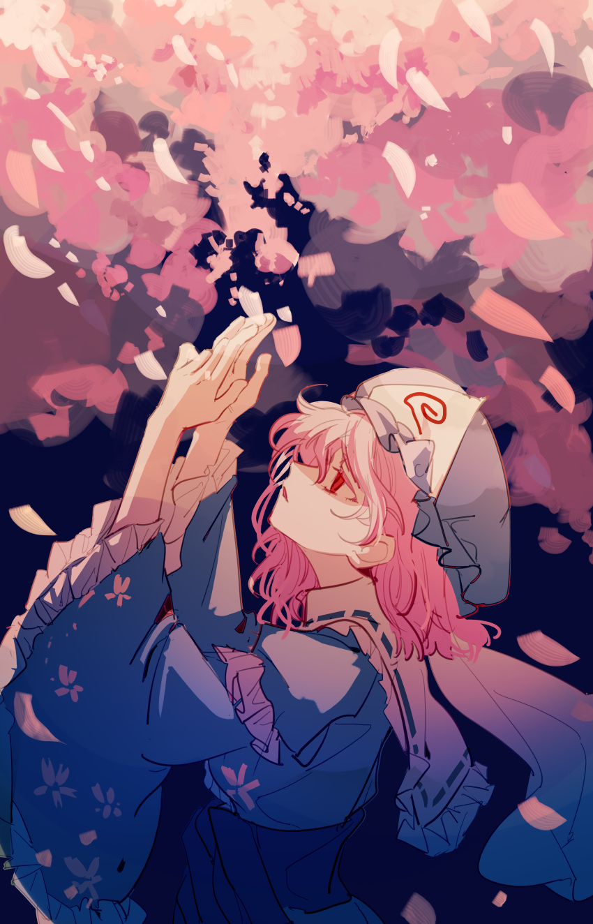 1girl absurdres blue_kimono cherry_blossoms curly_hair flower frilled_kimono frills from_side ghost_hair_ornament hair_between_eyes hair_flower hair_ornament hands_up hat highres japanese_clothes kimono long_sleeves looking_to_the_side medium_hair messy_hair mob_cap perfect_cherry_blossom pink_hair red_eyes saigyouji_yuyuko shaded_face short_hair solo touhou xian_qishui