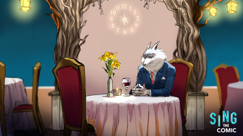aka_inku alcohol anthro beverage black_nose blue_clothing blue_eyes blue_suit candle candlelight canid canine canis chair clock clothing container cup dinner_date drinking_glass elbow_on_table english_text flower flower_pot fluffy front_view fur furniture glass glass_container glass_cup hands_together head_down hi_res illumination_entertainment jimmy_crystal lamp light lonely looking_down male mammal neck_tuft necktie plant red_necktie round_table sad shirt sing_(movie) sitting solo suit tablecloth text topwear tree tree_trunk tuft waiting white_body white_clothing white_fur white_shirt white_tablecloth white_topwear wine wine_glass wolf