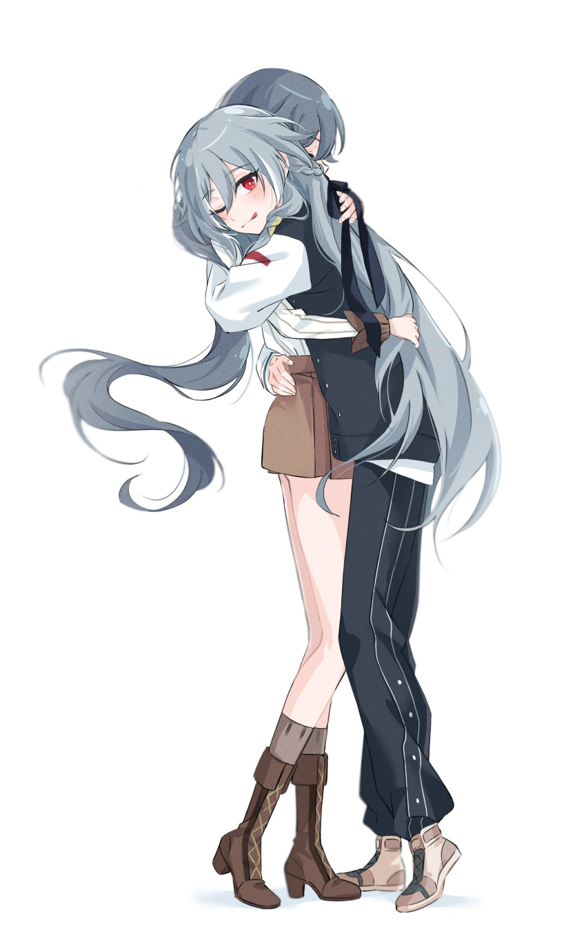2girls :q absurdres alternate_costume black_jacket black_pants blush boots braid brown_footwear brown_skirt casual closed_mouth commentary cross-laced_footwear dual_persona fu_hua fu_hua_(herrscher_of_sentience) grey_hair hair_between_eyes high_heel_boots high_heels highres honkai_(series) honkai_impact_3rd hug jacket lace-up_boots long_hair long_sleeves looking_at_viewer looking_to_the_side multicolored_hair multiple_girls pants pleated_skirt puffy_long_sleeves puffy_sleeves red_eyes shirt simple_background skirt smile streaked_hair striped striped_shirt tongue tongue_out vertical-striped_shirt vertical_stripes very_long_hair white_background white_hair white_shirt yellow_pupils yuhuria_52