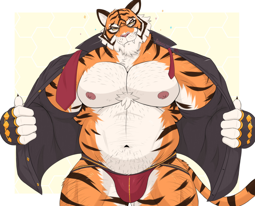 1boy absurdres animal_ears bara bare_pectorals belly bikini_briefs bulge chest_tuft cowboy_shot fortnite furry furry_male highres isaac_(isaacyote) large_pectorals looking_at_viewer male_focus male_underwear mature_male muscular muscular_male necktie orange_fur oscar_(fortnite) pectorals plump red_male_underwear short_hair solo sparse_chest_hair sparse_navel_hair superman_exposure thick_eyebrows tiger_boy tiger_ears underwear undone_necktie white_fur