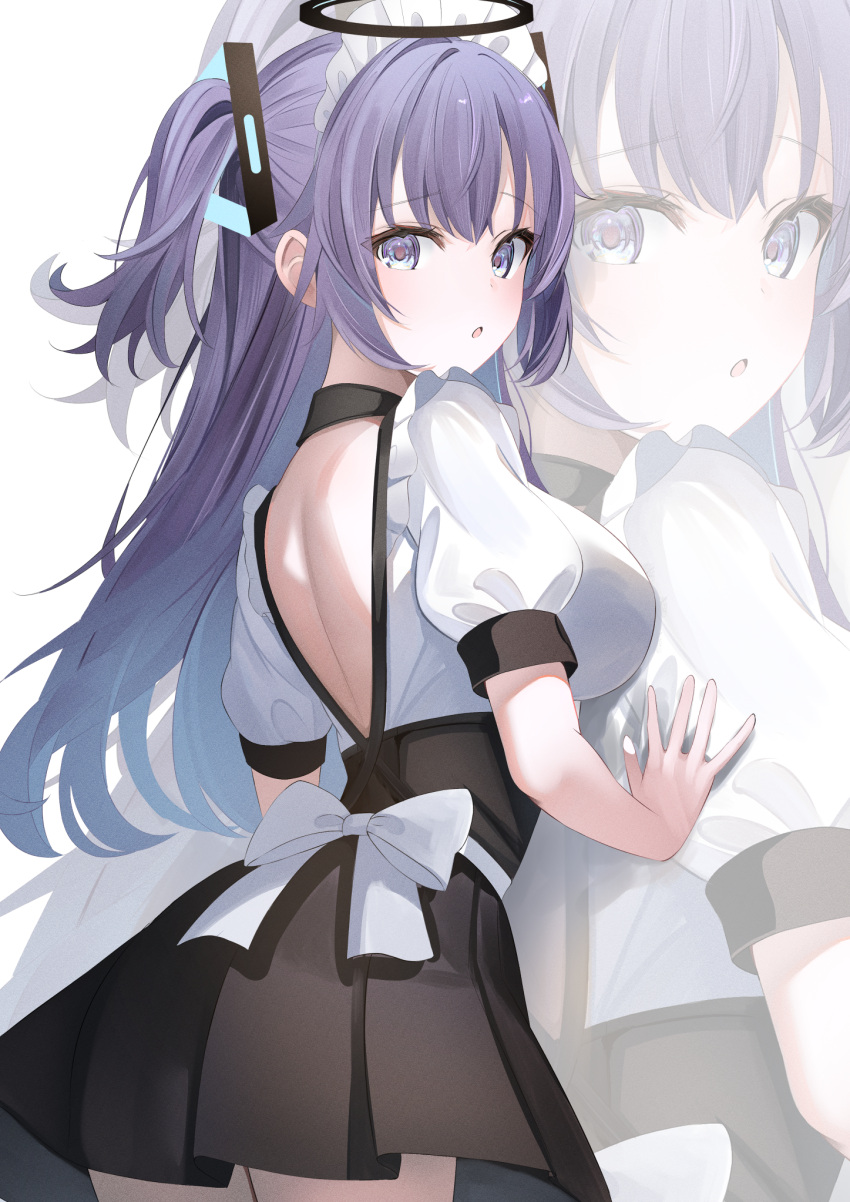 1girl back black_skirt blue_archive blush breasts from_behind halo highres long_hair looking_at_viewer looking_back maid open_mouth parted_bangs pleated_skirt purple_eyes purple_hair short_sleeves sidelocks simple_background skirt solo touyou_(39kir) two_side_up white_background yuuka_(blue_archive)