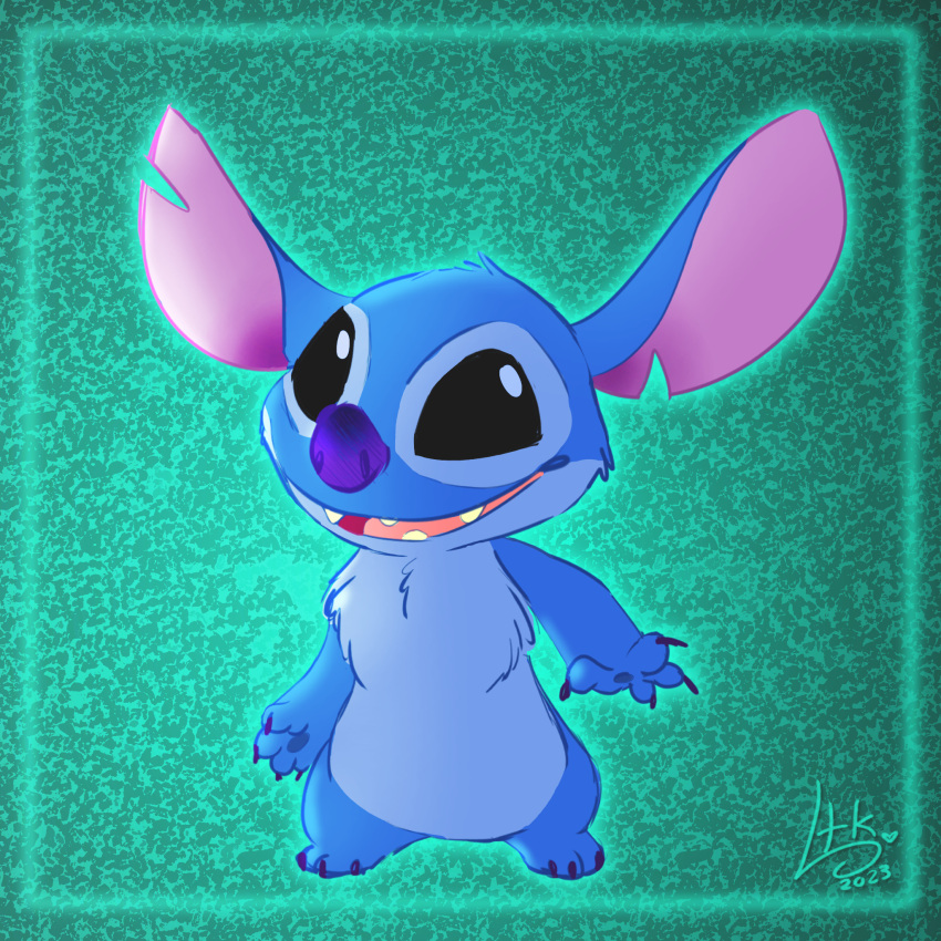 1:1 2023 4_fingers alien ambiguous_gender anthro biped black_eyes blue_body blue_fur blue_pawpads chest_tuft claws disney experiment_(lilo_and_stitch) finger_claws fingers fur green_background head_tuft hi_res lid-the-kid lilo_and_stitch looking_at_viewer male_(lore) notched_ear open_mouth open_smile pawpads paws purple_claws purple_nose signature simple_background smile solo stitch_(lilo_and_stitch) toe_claws tuft