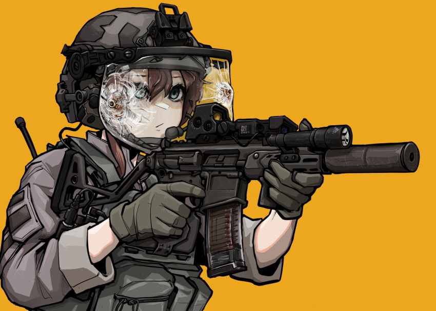 1girl ammunition_pouch blue_eyes brown_hair closed_mouth combat_helmet commission ear_protection english_commentary epakim flashlight foregrip gloves green_gloves grey_jacket gun hair_between_eyes helmet highres holding holding_weapon jacket looking_ahead microphone optical_sight original plate_carrier pouch rifle sig_mcx sleeves_rolled_up solo suppressor termichan_(not-a-bot) transparent trigger_discipline upper_body visor_(armor) weapon yellow_background