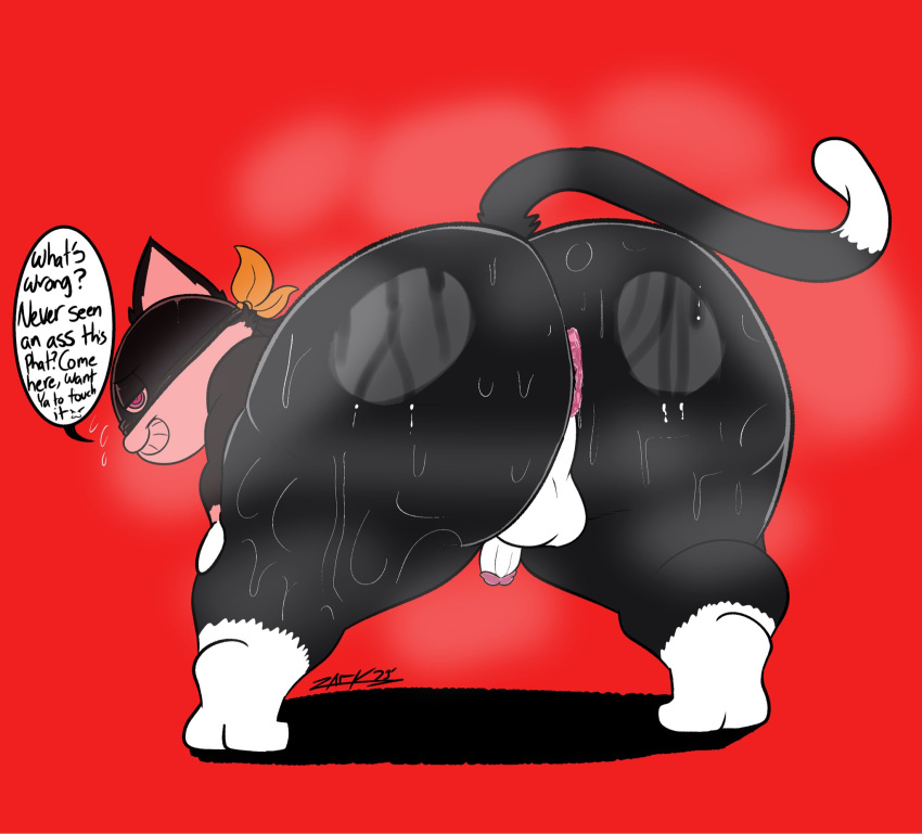 anthro anus atlus balls bent_over big_butt bodily_fluids butt domestic_cat felid feline felis genitals grin hi_res huge_butt humanoid_genitalia humanoid_penis inviting male mammal megami_tensei megami_tensei_persona morgana_(persona) penis presenting presenting_hindquarters red_background seductive sega simple_background smile solo speech_bubble sweat sweaty_butt thick_thighs zackdadawg