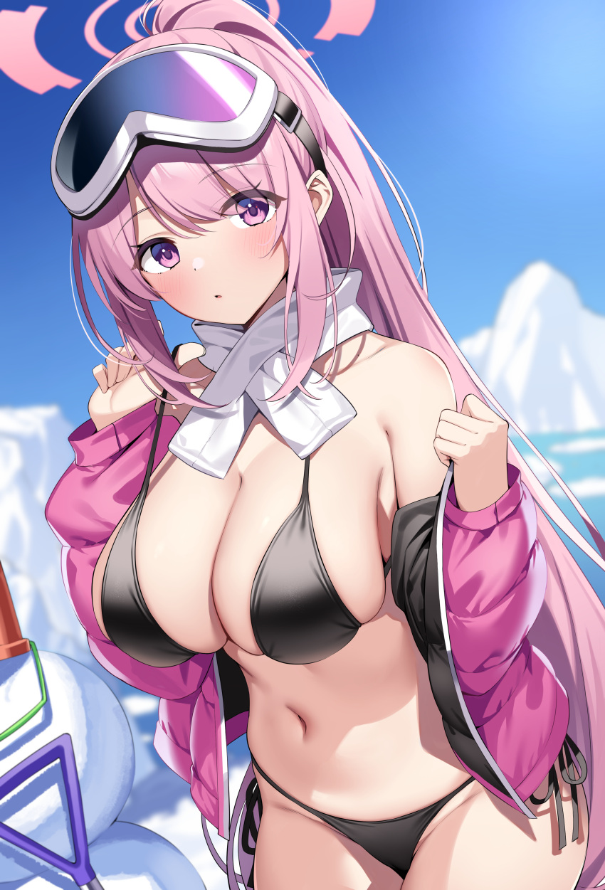 1girl absurdres bikini black_bikini blue_archive blush breasts cleavage cowboy_shot day eimi_(blue_archive) eimi_(swimsuit)_(blue_archive) goggles goggles_on_head groin halo highres jacket large_breasts long_hair long_sleeves looking_at_viewer navel official_alternate_costume open_clothes open_jacket outdoors parted_lips pink_eyes pink_hair pink_halo pink_jacket ponytail scarf shovel snow snowman solo suiroh_(shideoukami) swimsuit white_scarf
