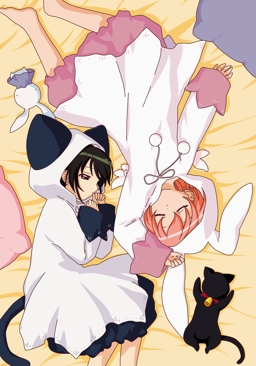 animal animal_costume animal_ears barefoot bed bed_sheet bell black_cat black_hair brown_hair bunny_costume cat cat_costume cat_ears cat_tail choker closed_eyes from_above full_body fur half-closed_eyes highres jingle_bell lying misha_(pita_ten) multiple_girls nyaa-san official_art on_side orange_hair pajamas pillow pita_ten red_eyes sakai_kyuuta scan shia_(pita_ten) short_hair sleeping tail vector_trace