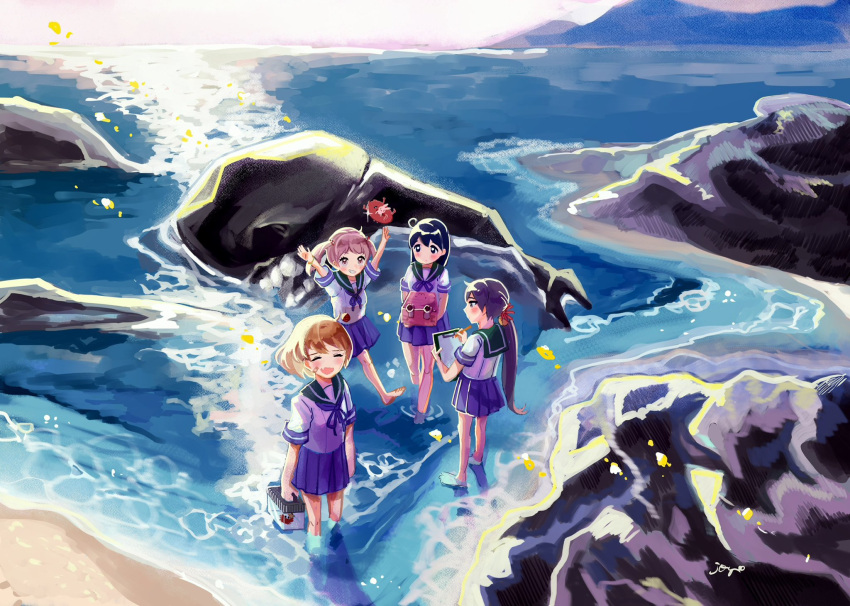 4girls abyssal_ship akebono_(kancolle) bandaid bandaid_on_cheek bandaid_on_face beach blue_hair blue_neckerchief blue_skirt blush brown_hair clipboard day enemy_lifebuoy_(kancolle) green_sailor_collar grin highres holding i-class_destroyer joi_kun_(senzai_hiyori) kantai_collection long_hair looking_at_viewer multiple_girls neckerchief oboro_(kancolle) ocean open_mouth outdoors pink_hair ponytail purple_hair rock sailor_collar sazanami_(kancolle) school_uniform serafuku shirt short_hair short_sleeves short_twintails skirt smile twintails ushio_(kancolle) water