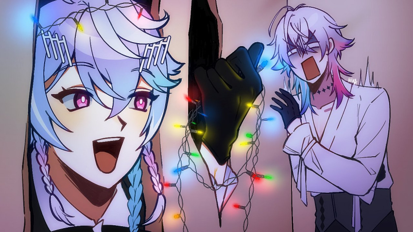 2boys black_gloves blue_hair christmas christmas_lights english_commentary gavis_bettel gloves grey_hair hair_between_eyes half_gloves here's_johnny!_(meme) holding holostars holostars_english looking_at_another male_focus medium_hair meme multicolored_hair multiple_boys multiple_hairpins nikatheworm octavio open_mouth pink_eyes pink_hair scared scene_reference screaming shaded_face shaking shirt sketch swept_bangs the_shining tri_braids virtual_youtuber white_shirt