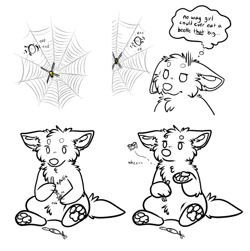 2023 4_panel_comic ambiguous_gender anthro arachnid arthropod beetle canid canine comic digital_drawing_(artwork) digital_media_(artwork) dot_eyes english_text featureless_crotch feral flying forceps fur group handpaw handwritten_text hi_res hindpaw insect line_art maligaytor mammal medical_instrument nude pawpads paws scientific_instrument semi-anthro simple_background sound_effects spider spider_web spot_color surgical_instrument tail text thought_bubble trio tweezers white_background
