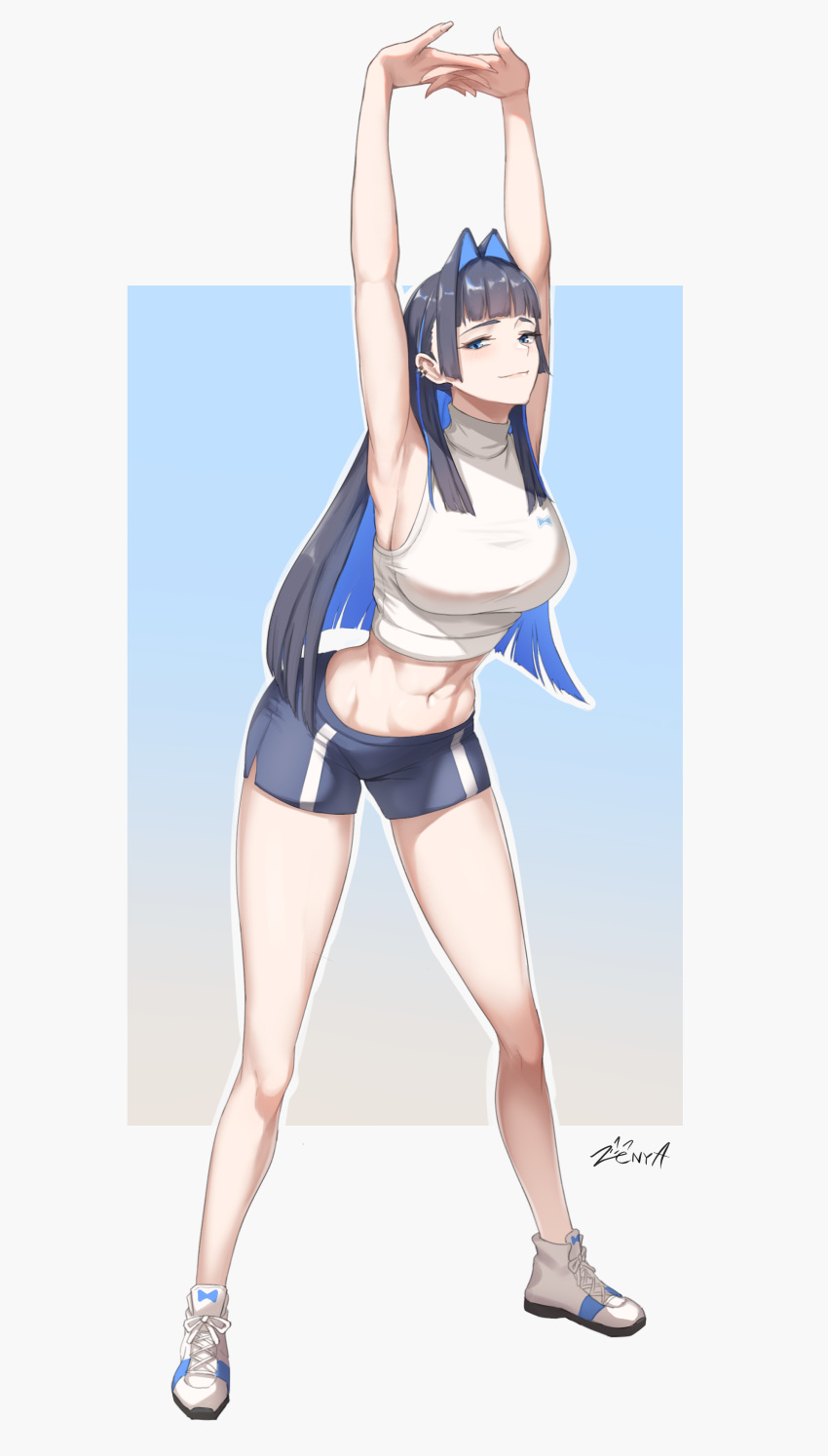 1girl absurdres arched_back armpits arms_up black_hair blue_eyes blue_hair blue_shorts blunt_bangs blunt_ends blush breasts cammy_stretch_(meme) center-flap_bangs closed_mouth colored_inner_hair dolphin_shorts ear_piercing full_body hair_intakes high_tops highres hime_cut hololive hololive_english hoop_piercing interlocked_fingers large_breasts leaning_forward long_hair looking_at_viewer meme midriff multicolored_hair navel official_alternate_costume official_alternate_hair_length official_alternate_hairstyle ouro_kronii ouro_kronii_(3rd_costume) piercing shirt shoes shorts sidelocks signature sleeveless sleeveless_turtleneck smile sneakers solo sportswear stretching toned turtleneck virtual_youtuber white_footwear white_shirt zenya