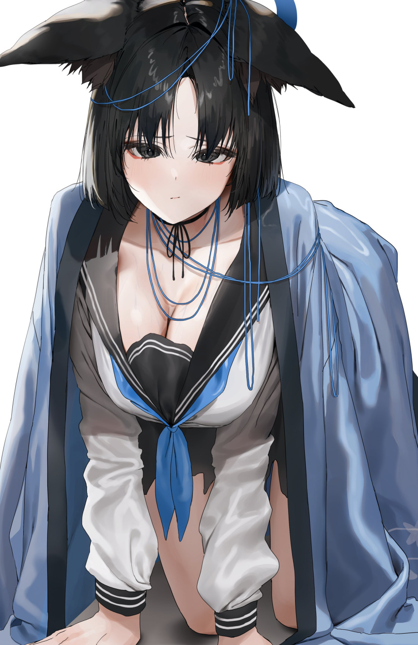 1girl absurdres all_fours animal_ear_fluff animal_ears black_eyes black_hair black_sailor_collar black_skirt blue_archive blue_halo blue_neckerchief blue_string breasts cat_ears cleavage ears_down halo hanging_breasts highres kikyou_(blue_archive) kimono_on_shoulders large_breasts long_sleeves neckerchief pleated_skirt poharo sailor_collar school_uniform serafuku short_hair simple_background skirt solo white_background