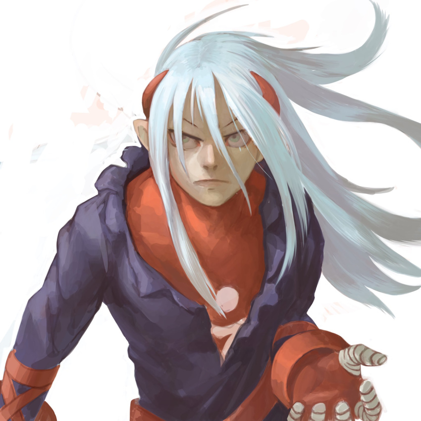 1boy breath_of_fire breath_of_fire_iv closed_mouth fou-lu gloves highres horns long_hair looking_at_viewer male_focus otno pointy_ears simple_background solo torn_clothes white_background white_hair