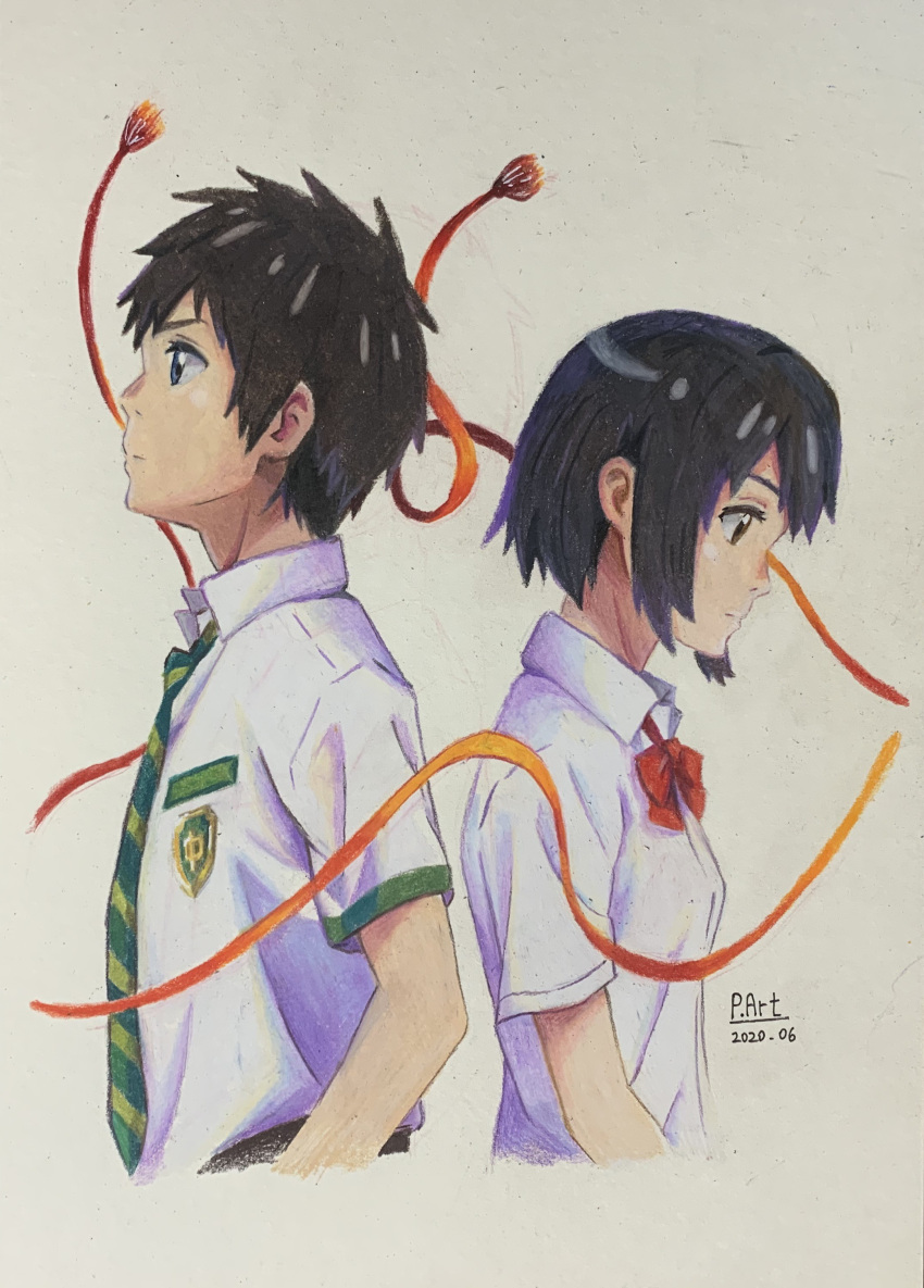 1boy 1girl absurdres artist_name back-to-back black_hair bow bowtie closed_mouth collared_shirt colored_pencil_(medium) commentary_request cropped_torso dated dress_shirt english_commentary green_necktie highres kimi_no_na_wa. making-of_available mixed-language_commentary miyamizu_mitsuha necktie p.art red_bow red_bowtie school_uniform shirt short_hair short_sleeves simple_background string string_of_fate striped_necktie tachibana_taki traditional_media upper_body