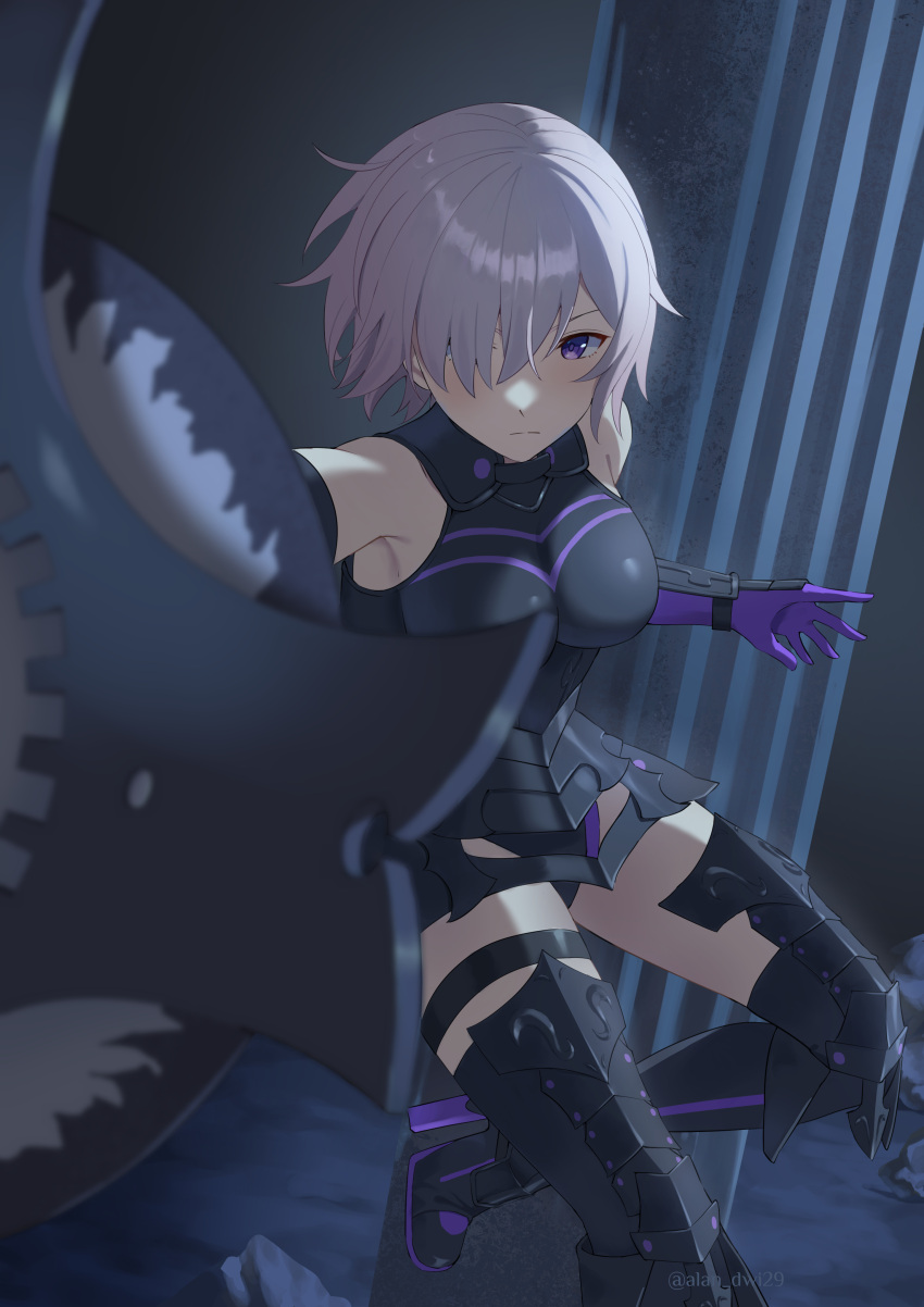 1girl absurdres armor armored_boots armored_leotard bare_shoulders black_armor black_footwear boots breastplate closed_mouth commentary dscreation_(alan_dwi29) english_commentary fate/grand_order fate_(series) gauntlets hair_over_one_eye highres holding holding_shield leotard looking_at_viewer mash_kyrielight one_eye_covered purple_eyes purple_hair shield short_hair solo twitter_username