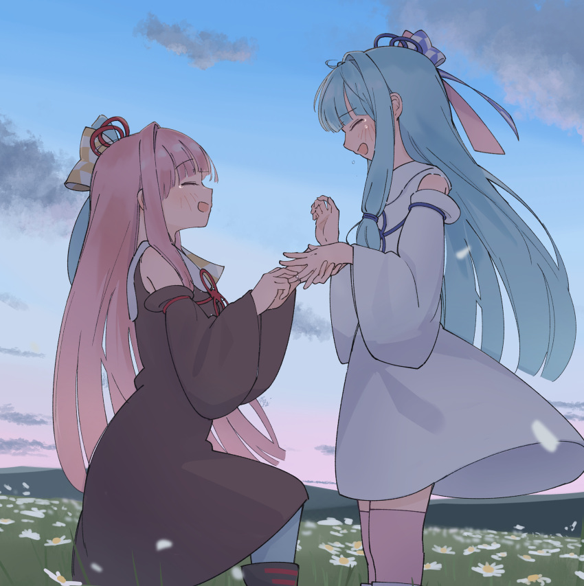 2girls absurdres black_dress black_sleeves blue_hair blue_sky blunt_bangs blush commentary_request crying detached_sleeves dress facing_another falling_petals feet_out_of_frame field flower flower_field from_side gradient_sky hair_ribbon hand_grab happy_tears highres holding holding_jewelry holding_ring jewelry kotonoha_akane kotonoha_aoi long_hair low-tied_sidelocks marriage_proposal mountainous_horizon multiple_girls on_one_knee open_mouth outdoors petals pink_hair pink_thighhighs putting_on_jewelry ribbon ring siblings sidelocks sisters sky sleeveless sleeveless_dress smile sumitsubame sweatdrop tears thighhighs voiceroid wedding_ring white_dress white_flower white_sleeves wide_sleeves yuri