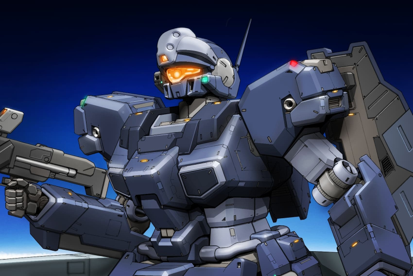 aron_e assault_visor commentary finger_on_trigger gradient_background gun gundam gundam_unicorn highres holding holding_gun holding_weapon jesta mecha mobile_suit no_humans radio_antenna robot science_fiction solo upper_body weapon