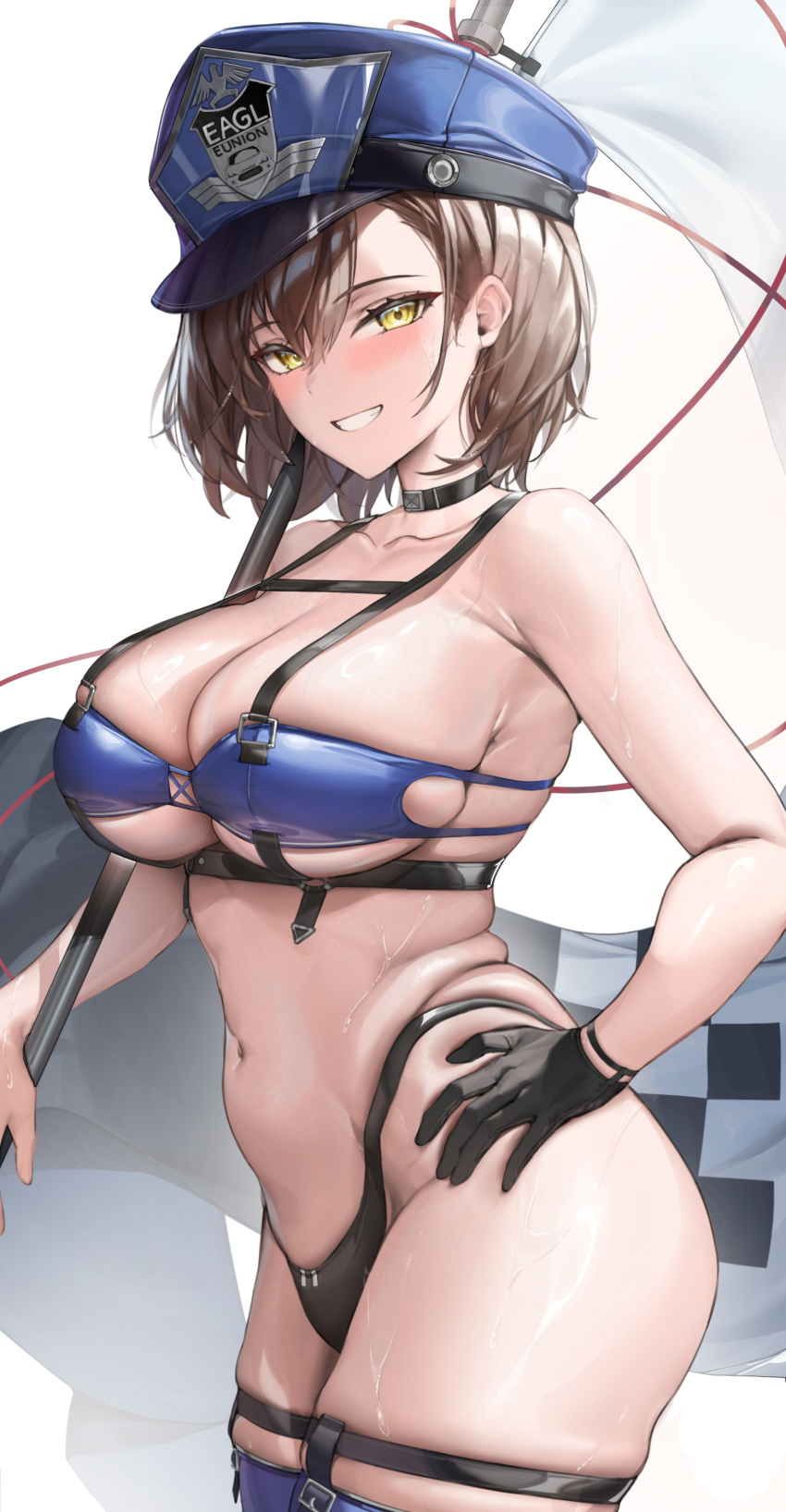 1girl absurdres azur_lane baltimore_(azur_lane) baltimore_(finish_line_flagbearer)_(azur_lane) bikini black_choker black_gloves blush breasts brown_hair checkered_flag chest_harness choker flag gloves grin harness hat highleg highleg_bikini highres holding holding_flag large_breasts looking_at_viewer mismatched_bikini navel official_alternate_costume peaked_cap samart short_hair simple_background skindentation smile solo stomach sweat swimsuit white_background