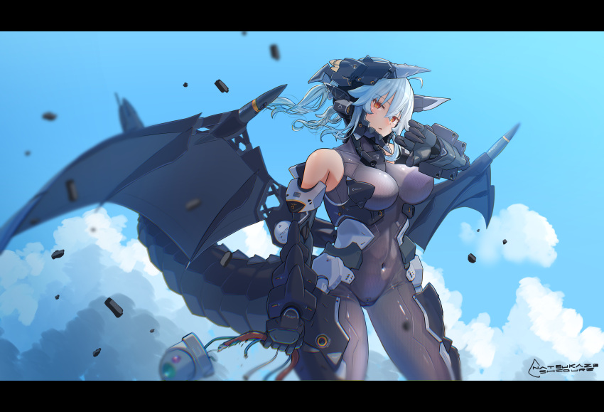 1girl absurdres ahoge armor bare_shoulders blue_hair bodysuit breasts cable covered_navel dragon_girl dragon_horns dragon_tail dragon_wings headgear highres horns large_breasts letterboxed looking_at_viewer mecha_musume original red_eyes sigure-zzzz skin_tight smoke standing tail wings