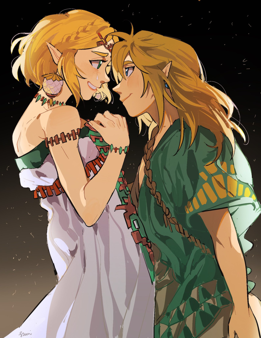 1boy 1girl bare_shoulders blonde_hair blue_eyes braid brown_hair crown_braid dress facing_another green_eyes highres link long_hair medium_hair mei_(manjunii) open_mouth pointy_ears princess_zelda teardrop tears the_legend_of_zelda the_legend_of_zelda:_tears_of_the_kingdom very_long_ears white_dress