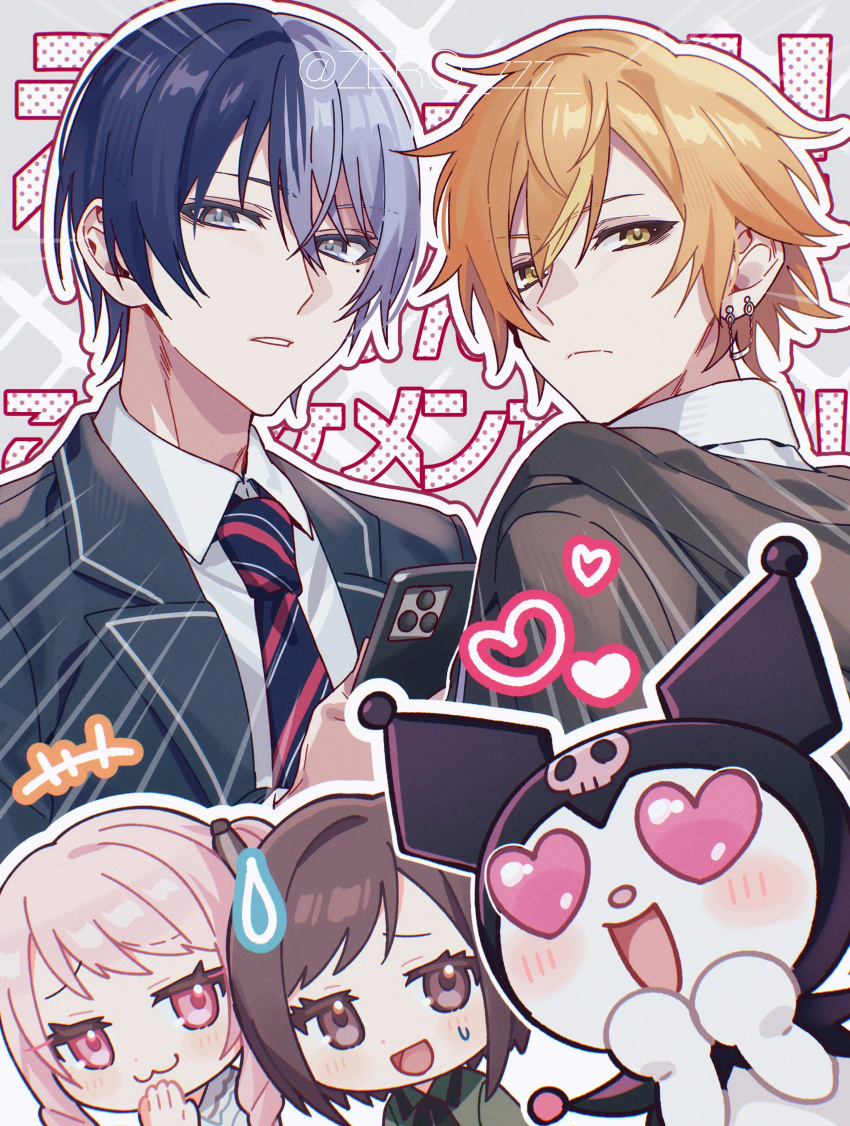 +++ 1girl 1other 2boys :3 :d absurdres akiyama_mizuki aoyagi_touya artist_name blazer blonde_hair blue_hair blue_jacket blue_necktie blush brown_eyes brown_hair cellphone closed_mouth collared_shirt commentary_request diagonal-striped_necktie diagonal_stripes earrings emphasis_lines expressionless eyelashes frown go_(roku) grey_background grey_eyes grey_hair hair_between_eyes hands_up heart heart-shaped_eyes highres holding holding_phone jacket jewelry kamiyama_high_school_uniform_(project_sekai) kuromi lapels long_hair looking_at_viewer looking_back mole mole_under_eye multicolored_hair multiple_boys necktie onegai_my_melody open_clothes open_jacket open_mouth orange_hair outline parted_lips phone pink_hair ponytail project_sekai raised_eyebrows red_necktie sanrio school_uniform shinonome_akito shinonome_ena shirt short_hair side_ponytail sidelocks simple_background smartphone smile smug split-color_hair streaked_hair striped striped_necktie sweatdrop swept_bangs twitter_username two-tone_hair white_outline white_shirt wing_collar yellow_eyes