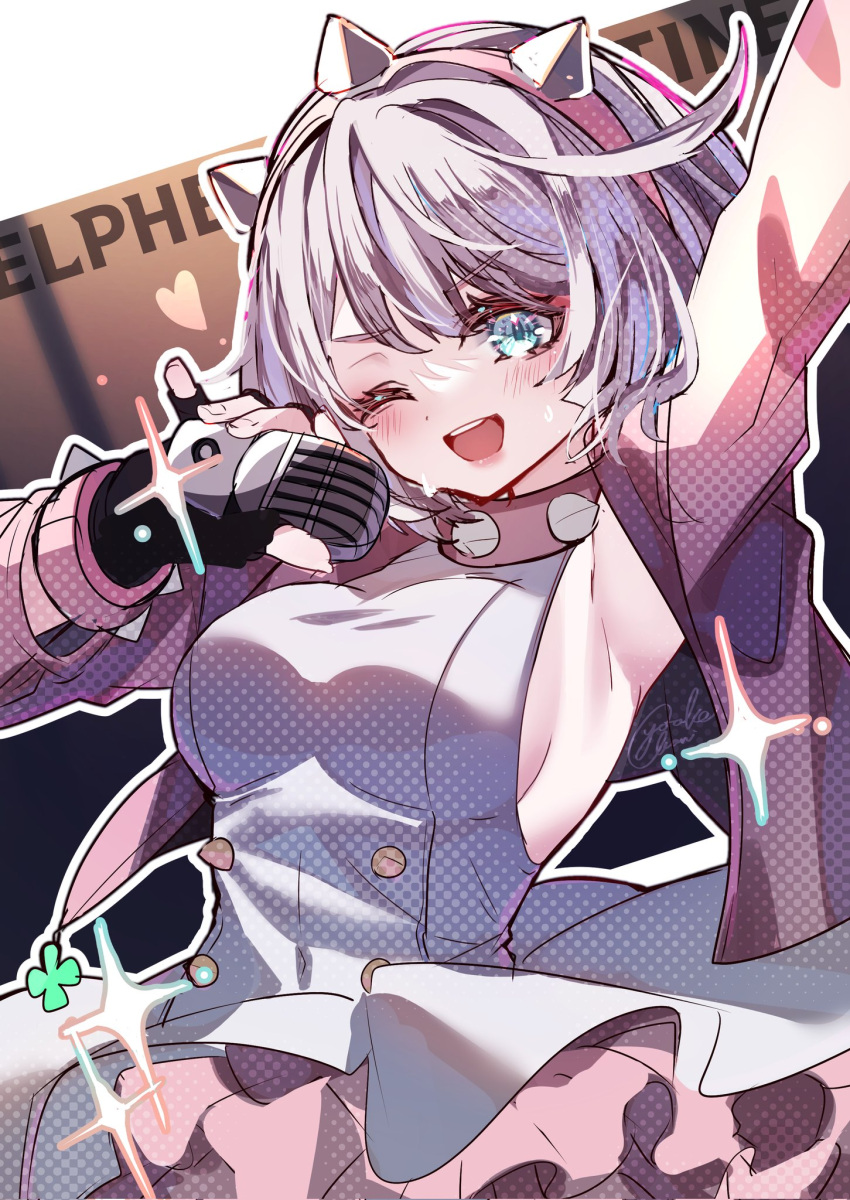 1girl aqua_eyes black_gloves blush bracelet breasts clover collar dress elphelt_valentine fingerless_gloves four-leaf_clover frilled_dress frills gloves guilty_gear guilty_gear_strive hairband highres holding holding_microphone jacket jewelry large_breasts long_sleeves looking_at_viewer microphone one_eye_closed open_mouth pink_dress pink_hairband pink_jacket short_hair sideboob smile spiked_bracelet spiked_collar spiked_hairband spikes two-tone_dress white_dress white_hair yoake
