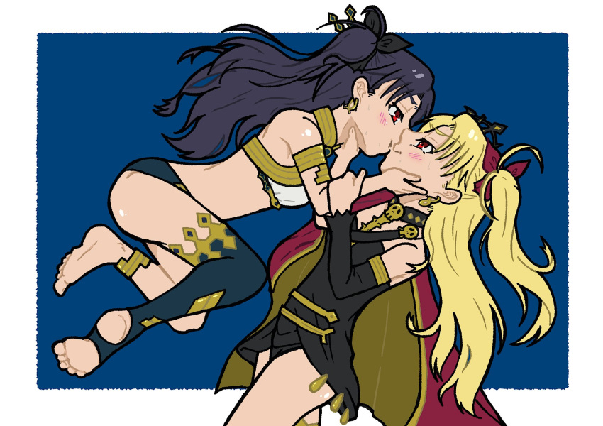 2girls armlet asymmetrical_legwear asymmetrical_sleeves bikini black_hair black_tiara blonde_hair blush cape cloak earrings ereshkigal_(fate) eye_contact fate/grand_order fate_(series) forced_kiss hand_on_another's_arm hand_on_another's_face headpiece highres hoop_earrings incest ishtar_(fate) jewelry kiss long_hair looking_at_another mismatched_bikini multiple_girls neck_ring parted_bangs red_cape red_eyes siblings single_thighhigh sisters skull struggling sweatdrop swimsuit thighhighs tiara twincest twins two-sided_cloak two-sided_fabric uneven_legwear uneven_sleeves veler_c9 yellow_cloak yuri