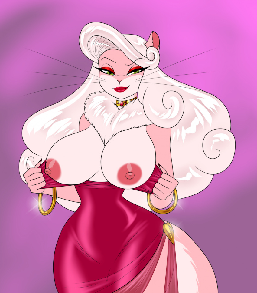 anthro areola big_breasts breasts chinchilla chinchillid clothed clothing crovirus female fur hi_res looking_at_viewer mammal nipples pink_body pink_fur pupils rodent smile solo whiskers