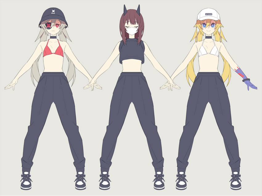 3girls bare_arms bare_shoulders baseball_cap black_choker black_pants blonde_hair blue_eyes brown_hair choker clear_(djmax) djmax fail_(djmax) grey_hair hat highres mamo_c manager_(djmax) mask mouth_mask multiple_girls navel non-web_source pants sports_bra standing twintails