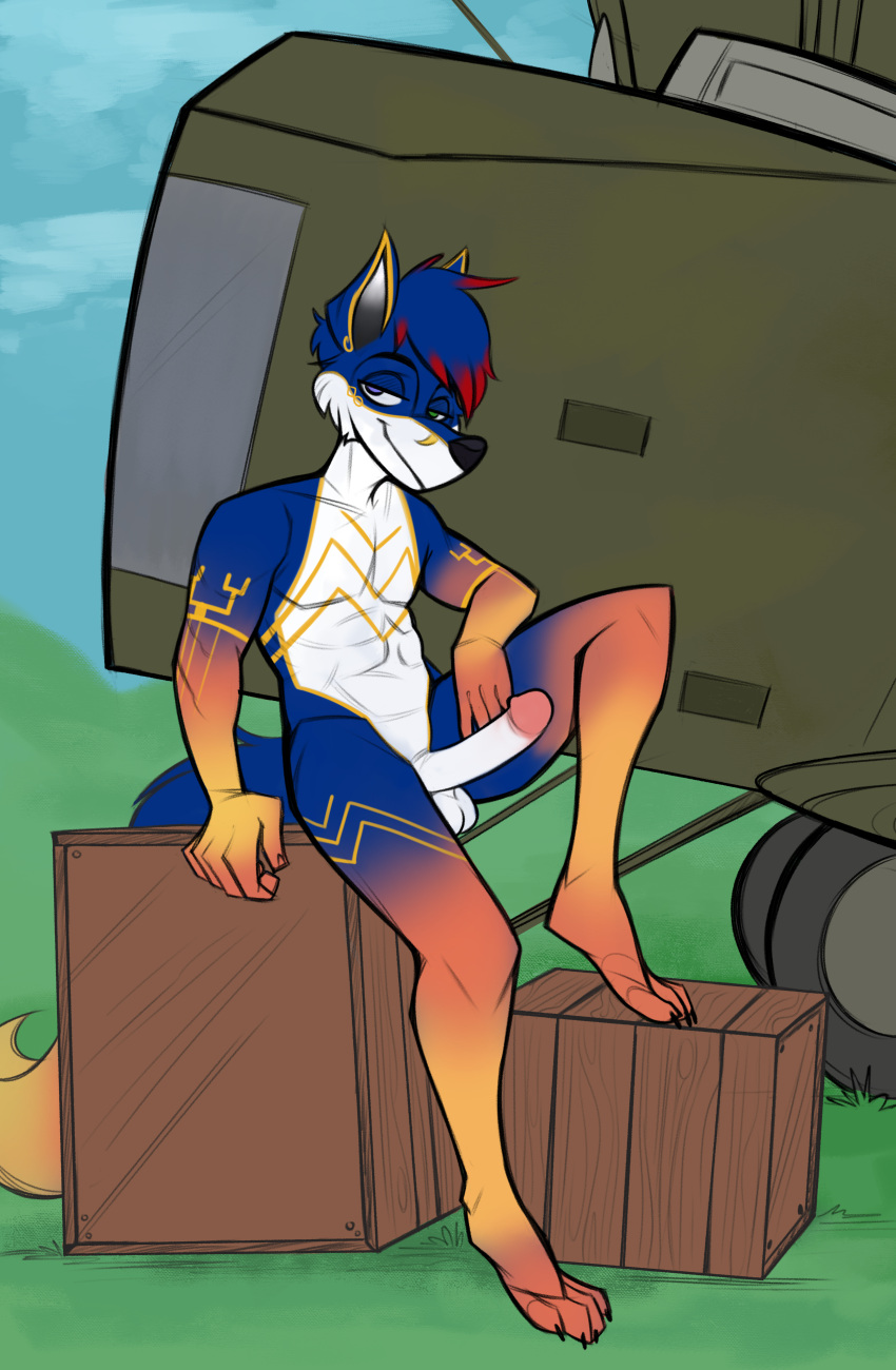 absurd_res aircraft airplane anthro balls blue_body blue_fur body_pattern canid canine fox fur genitals henryfox hi_res lenyavok looking_at_viewer male mammal nude penis pumpkincreampie solo world_war_1