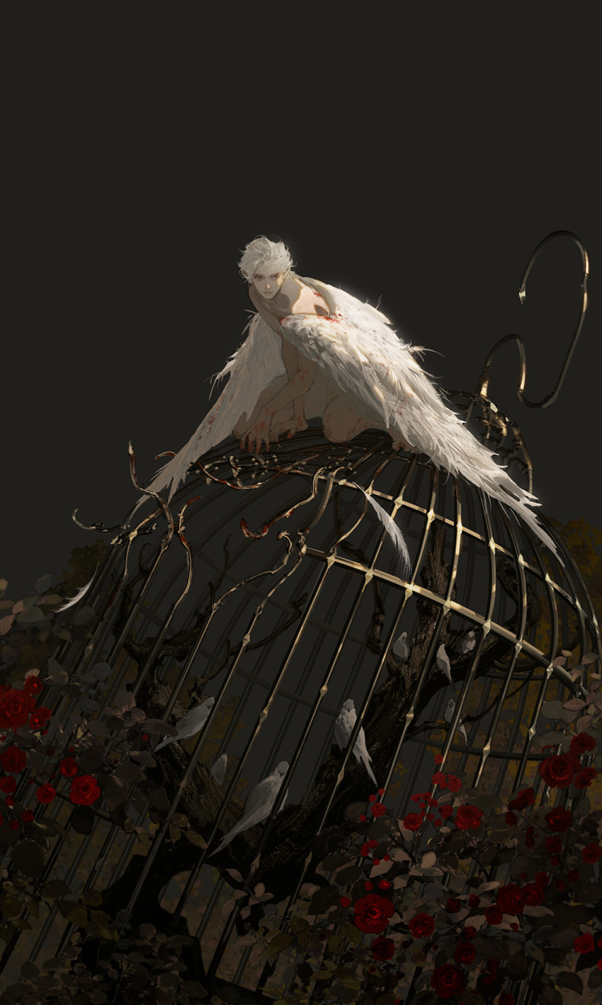 1boy all_fours animal astarion baldur's_gate baldur's_gate_3 bird_wings birdcage blood blood_on_hands branch broken_bars cage chinese_commentary commentary_request completely_nude dungeons_and_dragons elf expressionless feathered_wings flower from_side grey_background highres ibuki_satsuki leaf leaning_forward male_focus nude pointy_ears realistic red_flower red_rose rose short_hair simple_background white_hair white_wings wide_shot wings