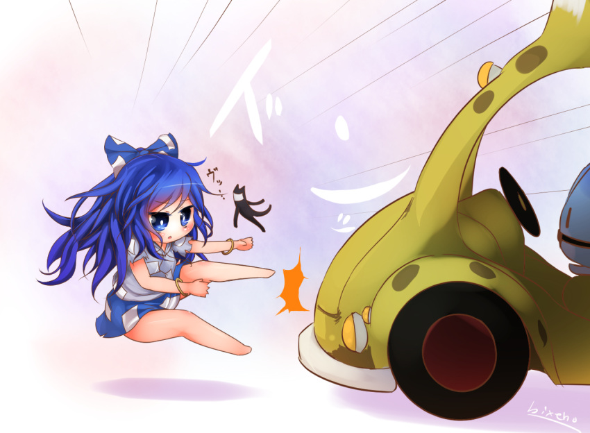 1girl bangle barefoot bikuseno blue_eyes blue_hair blue_skirt blush bow bracelet bright_pupils bus chibi commentary_request crossover debt emphasis_lines full_body grey_hoodie hair_bow hood hood_down hoodie japari_bus jewelry kemono_friends long_hair lucky_beast_(kemono_friends) medium_bangs motor_vehicle open_mouth short_sleeves signature skirt stuffed_animal stuffed_cat stuffed_toy touhou white_pupils yorigami_shion