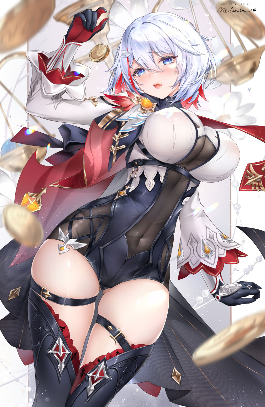 1girl absurdres black_gloves blue_eyes blue_necktie boots breasts coin cosplay eula_(genshin_impact) eula_(genshin_impact)_(cosplay) gloves gold_coin hair_ornament highres honkai:_star_rail honkai_(series) large_breasts leotard long_sleeves melailai multicolored_hair necktie short_hair solo streaked_hair thigh_boots thighhighs thighs topaz_(honkai:_star_rail) white_hair