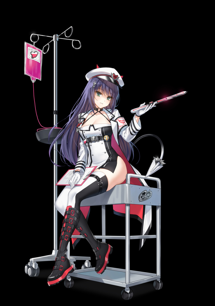 1girl armband belt black_choker black_footwear boots breasts choker cleavage closers coat crying_emoji dagger dress emoji eunha_(closers) fake_horns gloves green_eyes grin halter_dress halterneck hand_up hat highres holding holding_dagger holding_knife holding_weapon horns intravenous_drip knee_boots knife long_hair long_sleeves looking_at_viewer medium_breasts no_panties non-web_source official_art open_clothes open_coat peaked_cap pelvic_curtain purple_hair shaded_face short_dress sitting skindentation sleeveless sleeveless_dress smile solo spaghetti_strap tail thighhighs thighs two-tone_dress two-tone_thighhighs weapon white_coat white_dress white_gloves white_headwear white_thighhighs wing_collar