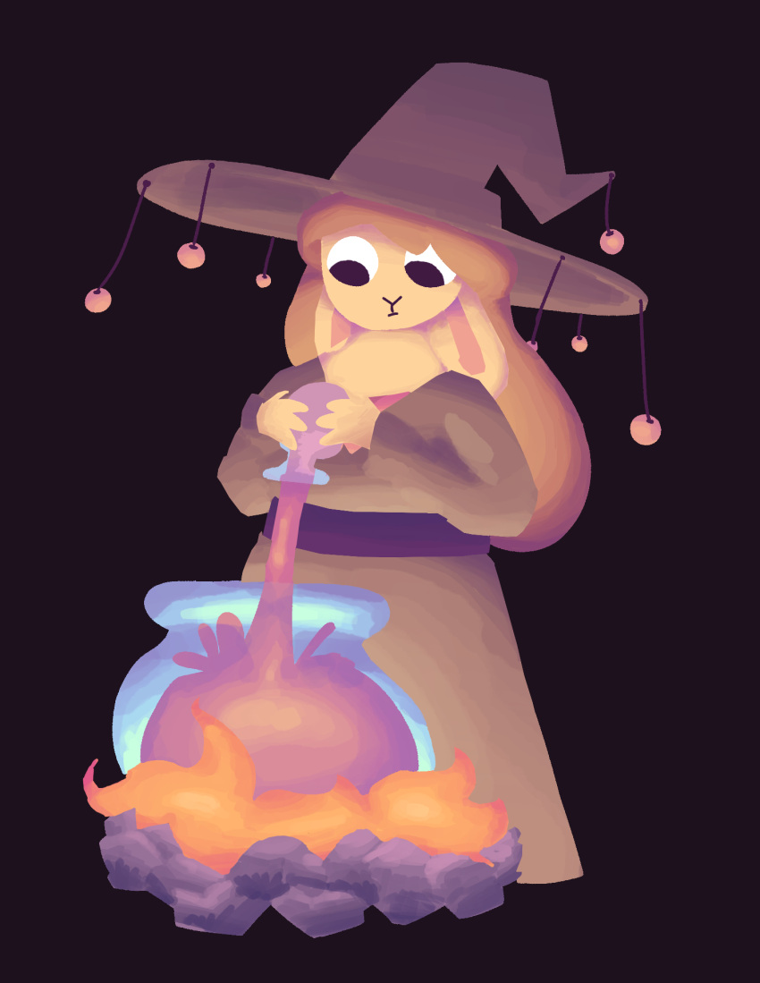 anthro cauldron clothed clothing digital_media_(artwork) fur gynomorph hair hat headgear headwear hi_res intersex lagomorph leporid mammal potion rabbit shaded simple_background solo thegunkster witch_hat