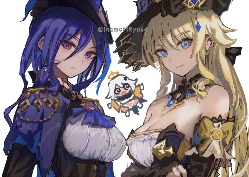 3girls @_@ bare_shoulders black_headwear blonde_hair blue_eyes bow breasts capelet cleavage clorinde_(genshin_impact) commentary_request detached_sleeves genshin_impact hat inaeda_kei long_hair looking_at_viewer medium_breasts multiple_girls navia_(genshin_impact) paimon_(genshin_impact) purple_capelet purple_eyes purple_hair shirt simple_background tricorne upper_body very_long_hair white_background white_hair white_shirt yellow_bow