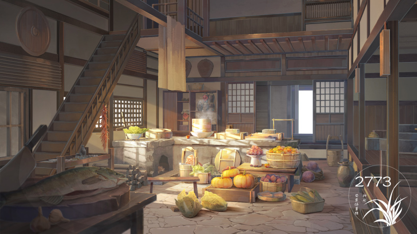 artist_logo basket firewood food highres indoors kitchen_knife no_humans open_door original pumpkin scenery shouji sliding_doors stairs stone_stove table vegetable xingzhi_lv