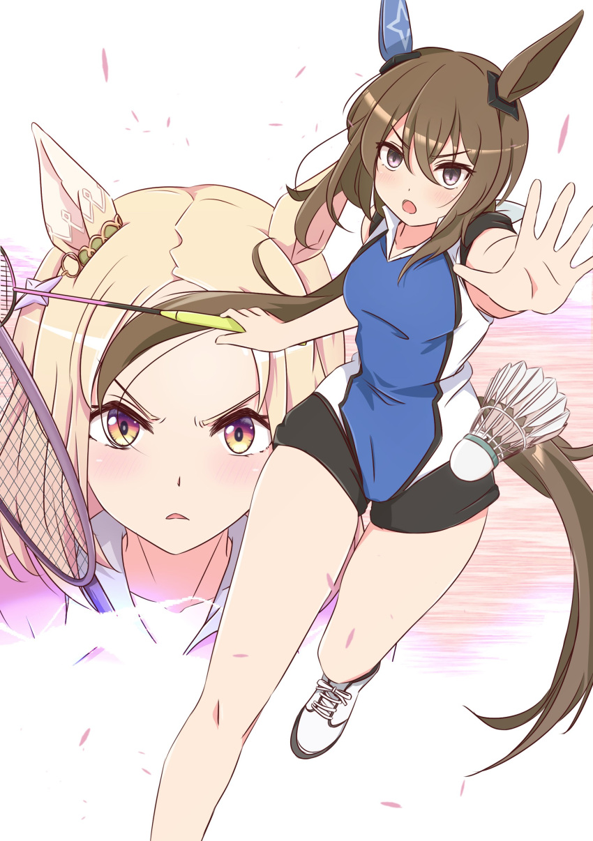 2girls absurdres admire_vega_(umamusume) animal_ears badminton badminton_racket blonde_hair brown_hair ear_covers funamori hanebado! highres holding holding_racket horse_ears horse_girl horse_tail long_hair looking_at_viewer low_ponytail multiple_girls narita_top_road_(umamusume) parted_bangs purple_eyes racket short_hair single_ear_cover sportswear tail umamusume white_footwear