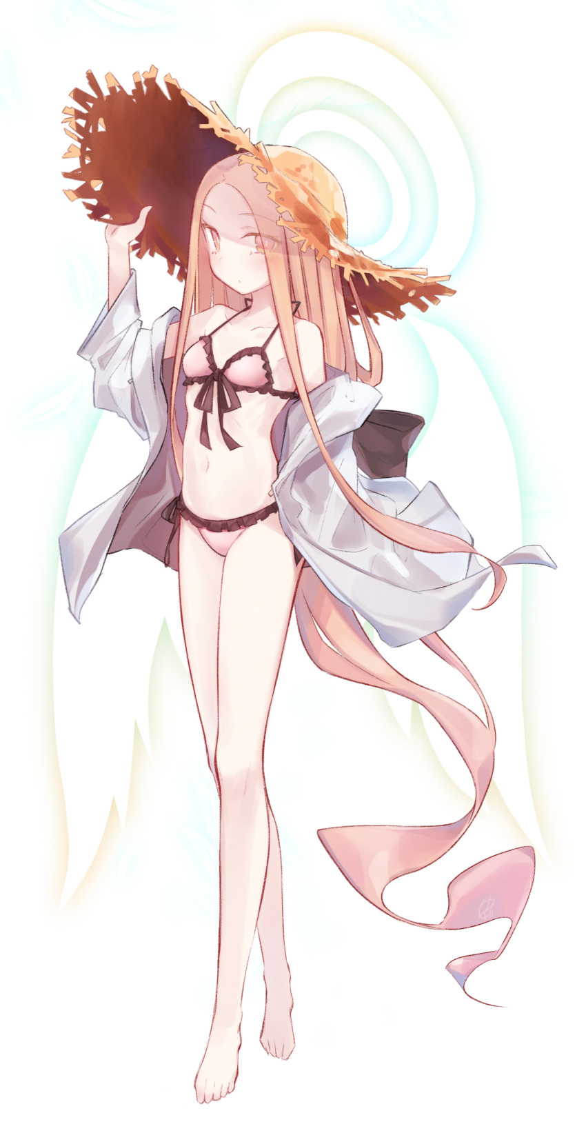 absurdres angel angel_notes angel_wings bikini black_ribbon blonde_hair frills halo hat highres holding holding_clothes holding_hat jacket long_hair looking_at_viewer pink_bikini ribbon simple_background straw_hat swimsuit type-moon v/v very_long_hair white_background white_jacket wings yellow_eyes yubeshi_(zecxl)