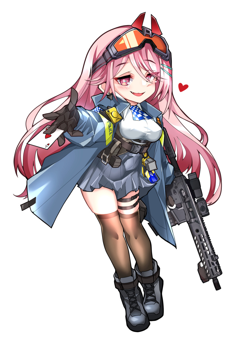 1girl ascot blush breasts checkered_ascot earrings eyewear_on_head full_body girls'_frontline gloves godgamesc2 gun hair_ornament hairclip heart heart_earrings highres jacket jewelry large_breasts long_hair looking_at_viewer mole mole_under_eye open_mouth orange_goggles pink_hair police police_uniform red_eyes rifle safety_glasses shirt sig_mcx sig_mcx_(girls'_frontline) skirt smile solo uniform weapon white_background white_shirt