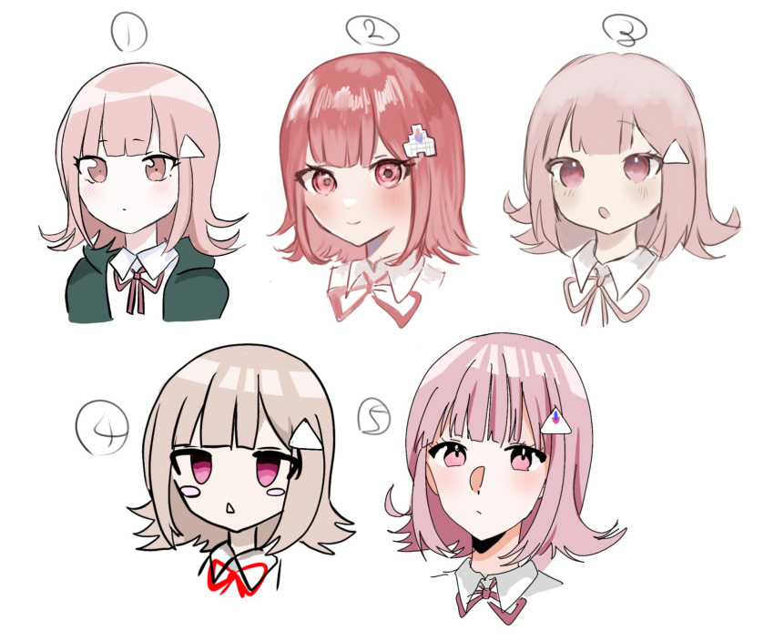 1girl :o alternate_hair_ornament blush blush_stickers brown_hair closed_mouth cropped_shoulders danganronpa_(series) danganronpa_2:_goodbye_despair highres looking_at_viewer medium_hair multiple_views nanami_chiaki pink_eyes ringo_ame_no_ria simple_background smile triangle_hair_ornament triangle_mouth white_background