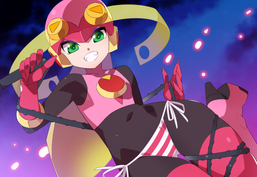 bikini bikini_bottom_only black_bodysuit blonde_hair bodysuit fingernails green_eyes helmet holding holding_whip kaidou_zx long_fingernails long_hair mega_man_(series) mega_man_battle_network_(series) navel pink_headwear pink_thighhighs red_bikini roll.exe_(mega_man) side-tie_bikini_bottom striped_bikini striped_clothes swimsuit thighhighs whip white_bikini