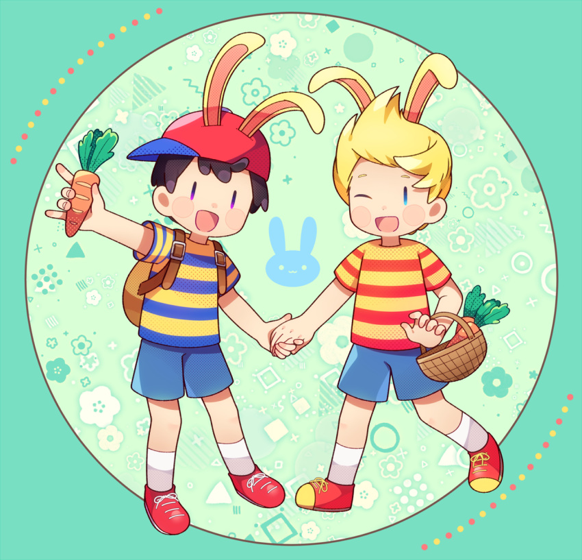 0mzum1 2boys :d ;d animal_ears aqua_background arm_up backpack bag baseball_cap basket black_hair blonde_hair blue_eyes blue_shirt blue_shorts blush blush_stickers brown_bag carrot circle commentary_request flower_(symbol) food green_background halftone hat highres holding holding_basket holding_food holding_hands looking_at_viewer lucas_(mother_3) male_focus mother_(game) mother_2 mother_3 multiple_boys ness_(mother_2) one_eye_closed open_mouth purple_eyes quiff rabbit_ears red_footwear red_headwear red_shirt shirt shoes short_hair short_sleeves shorts sideways_hat simple_background smile socks square striped_clothes striped_shirt t-shirt triangle two-tone_shirt white_socks yellow_shirt