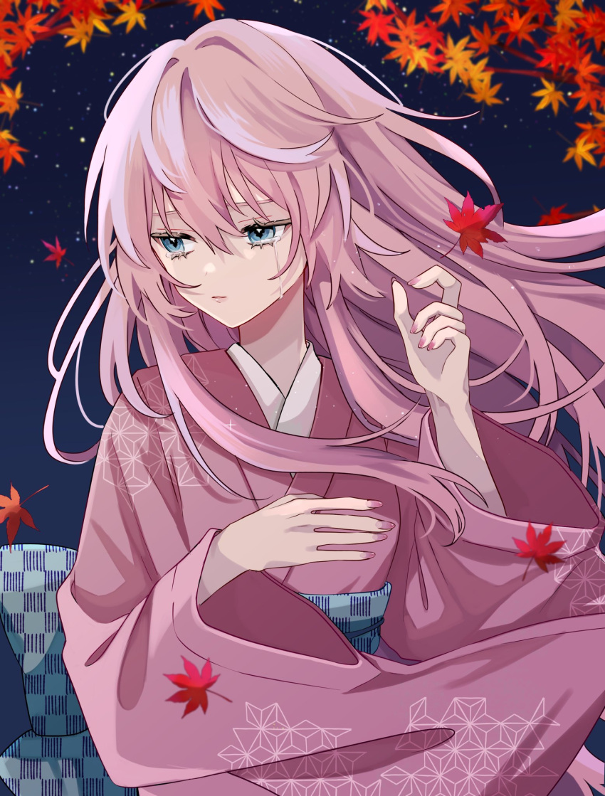 1girl blue_eyes cowboy_shot crying crying_with_eyes_open falling_leaves floating_hair hair_between_eyes hands_up highres japanese_clothes kimono leaf long_hair long_sleeves looking_to_the_side maple_leaf megurine_luka naguno-0713 nail_polish night night_sky obi outdoors pink_hair pink_kimono pink_nails sash sidelocks sky solo star_(sky) streaming_tears tears vocaloid wide_sleeves