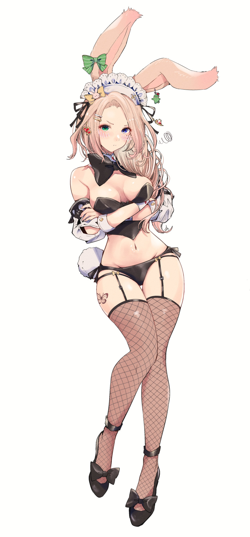 absurdres animal_ears arms_under_breasts ass_visible_through_thighs bikini black_bikini black_footwear black_ribbon blonde_hair blue_eyes blush breasts butterfly_tattoo crossed_arms curly_hair ear_ribbon earrings final_fantasy final_fantasy_xiv fishnet_thighhighs fishnets footwear_ribbon full_body garter_belt green_eyes groin hair_ornament hair_ribbon hairclip heterochromia high_heels highres jewelry knees_together_feet_apart large_ribbon mokokoiro nail_polish navel neck_ribbon playboy_bunny rabbit_ears rabbit_tail ribbon simple_background single_earring small_breasts swimsuit tail tattoo thighhighs viera warrior_of_light_(ff14) white_background white_headdress
