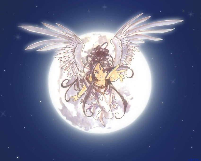 90s aa_megami-sama angel belldandy blue_eyes bracelet brown_hair dress facial_mark forehead_mark fujishima_kousuke goddess jewelry long_hair moon night ring sky solo star_(sky) starry_sky wallpaper wings