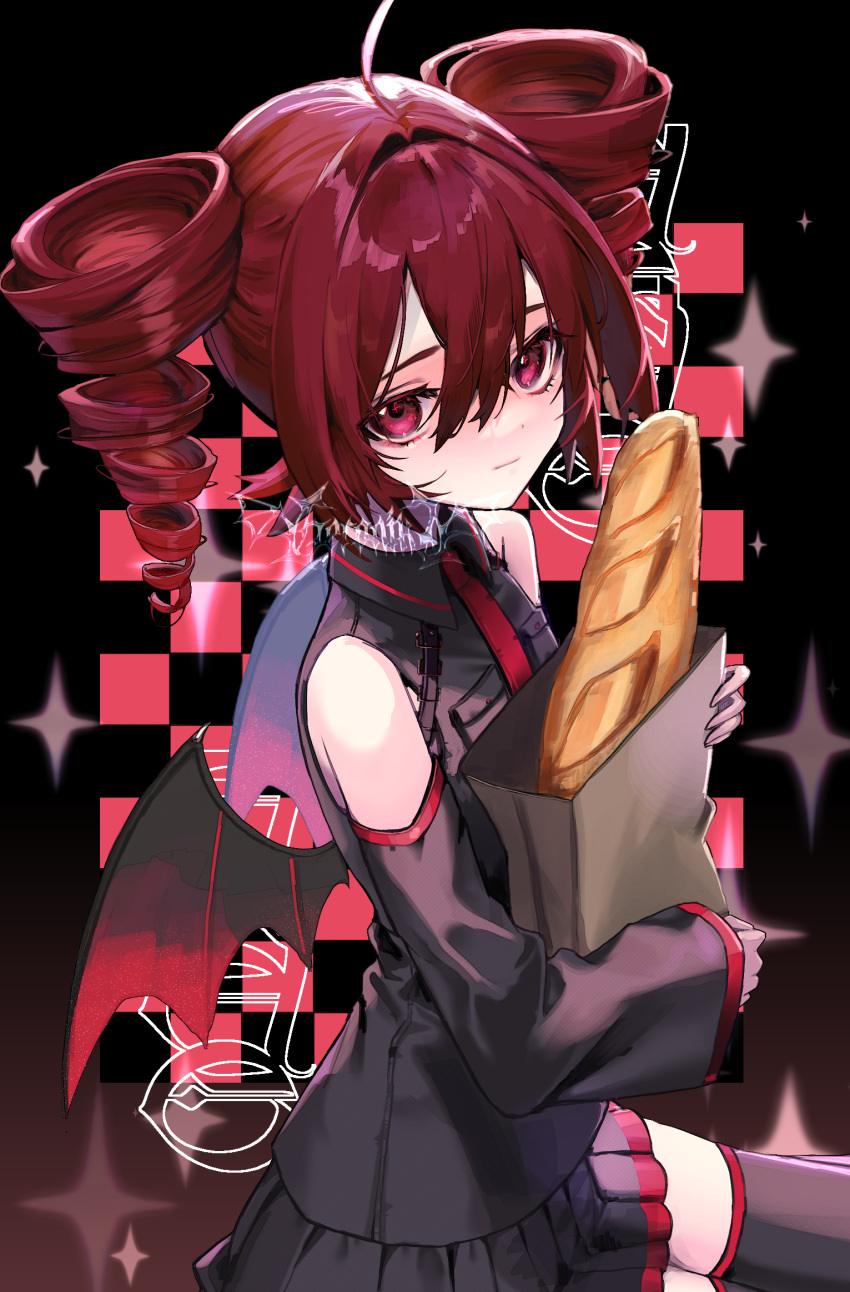 1girl bag bare_shoulders bat_wings black_background black_shirt black_skirt black_thighhighs bread checkered_background detached_sleeves drill_hair food highres holding holding_bag kasane_teto looking_at_viewer piz_doll red_eyes red_hair red_trim shirt skirt solo sparkle thighhighs twin_drills utau watermark wings