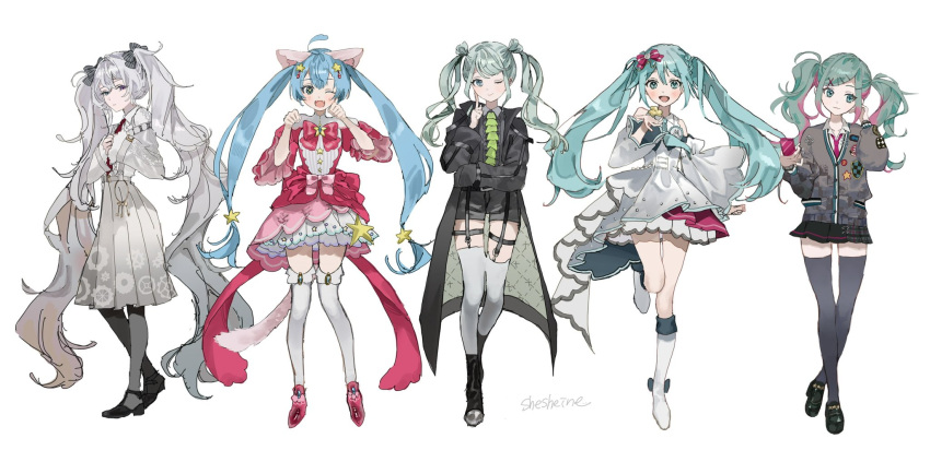 +_+ 25-ji_miku 5girls absurdly_long_hair animal_ears black_bow black_footwear black_jacket black_shorts black_skirt black_thighhighs blue_eyes blue_hair boots bow bowtie brooch cardigan cat_ears cat_girl cat_tail closed_mouth double_bun dual_persona expressionless full_body garter_straps gears green_hair grey_cardigan hair_between_eyes hair_bow hair_bun hands_up hatsune_miku heterochromia high-waist_skirt highres inu_totemo jacket jewelry kemonomimi_mode knee_boots leo/need_miku long_hair long_skirt long_sleeves looking_at_viewer miniskirt more_more_jump!_miku multicolored_hair multiple_girls one_eye_closed open_clothes open_jacket own_hands_together paw_pose pink_bow pink_bowtie pink_footwear pink_hair pink_shirt pleated_skirt print_skirt project_sekai red_eyes school_uniform shirt shoes shorts side-by-side sidelocks sideways_glance simple_background skirt star_brooch streaked_hair striped_bow tail thigh_strap thighhighs twintails very_long_hair vivid_bad_squad_miku vocaloid watermark white_background white_footwear white_hair white_skirt white_thighhighs wonderlands_x_showtime_miku